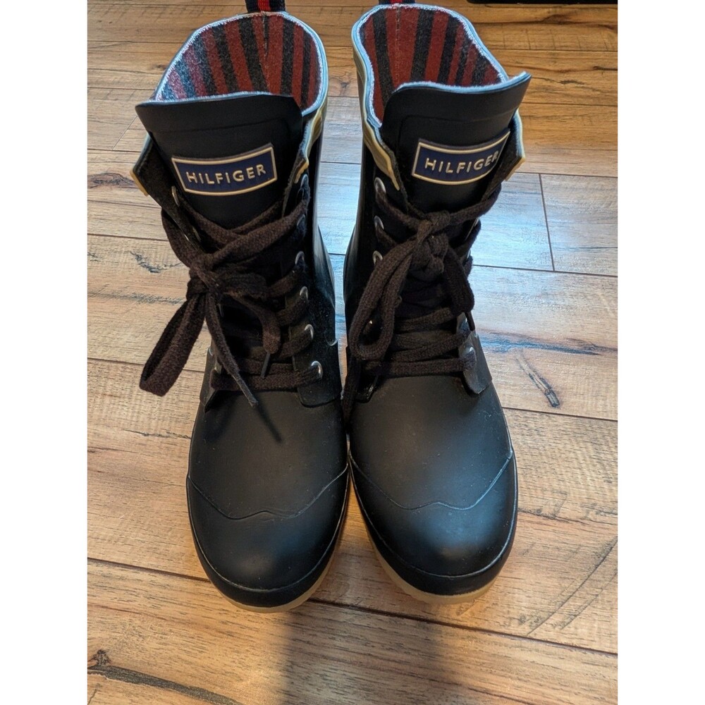 Tommy Hilfiger Womens Size 8 Black Lace Up Rain Boots Rubber Striped Lining